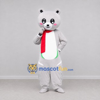 Custom Light Gray and Red Bear with Scarf Mascot Costume Adult Full Body Suit for Winter Events Custom Light Gray and Red Bear with Scarf Mascot Costume Adult Full Body Suit for Winter Events