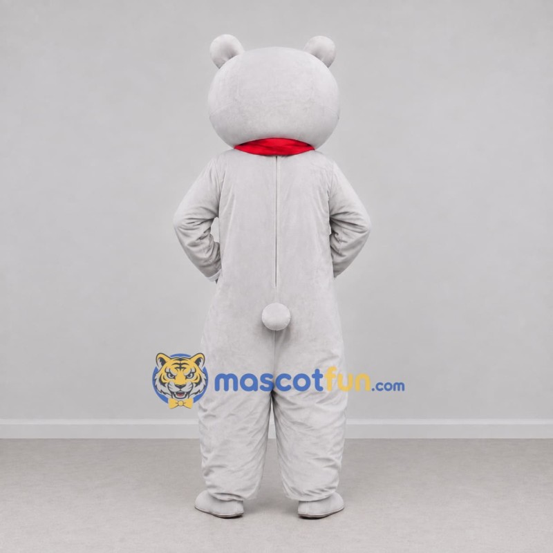 Custom Light Gray and Red Bear with Scarf Mascot Costume Adult Full Body Suit for Winter Events Custom Light Gray and Red Bear with Scarf Mascot Costume Adult Full Body Suit for Winter Events
