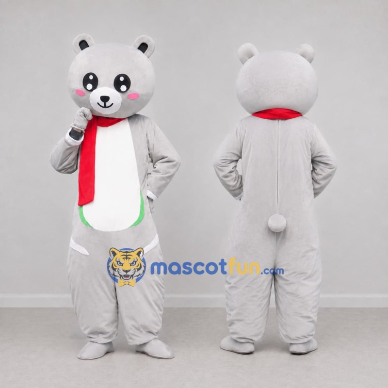 Custom Light Gray and Red Bear with Scarf Mascot Costume Adult Full Body Suit for Winter Events Custom Light Gray and Red Bear with Scarf Mascot Costume Adult Full Body Suit for Winter Events