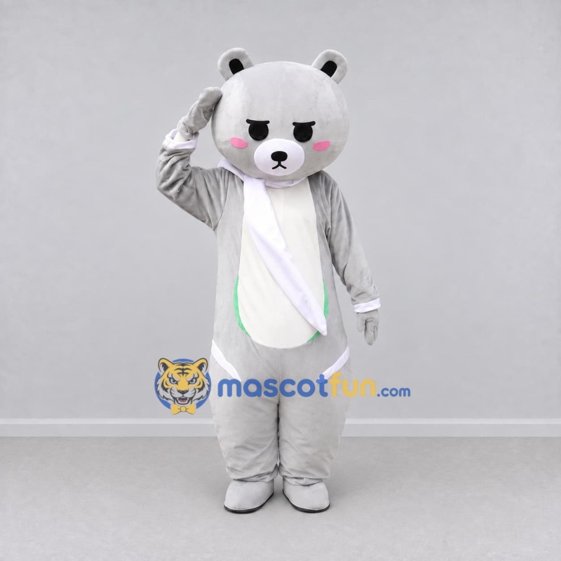 Custom Light Gray and White Bear with Scarf Mascot Costume Adult Full Body Suit for Winter Events Custom Light Gray and White Bear with Scarf Mascot Costume Adult Full Body Suit for Winter Events