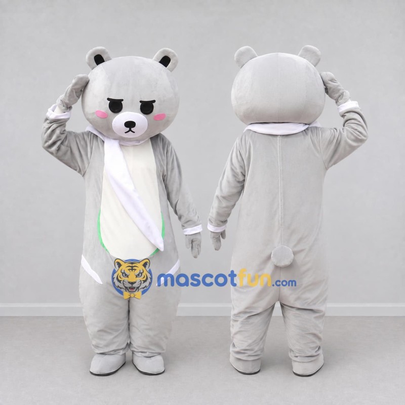 Custom Light Gray and White Bear with Scarf Mascot Costume Adult Full Body Suit for Winter Events Custom Light Gray and White Bear with Scarf Mascot Costume Adult Full Body Suit for Winter Events