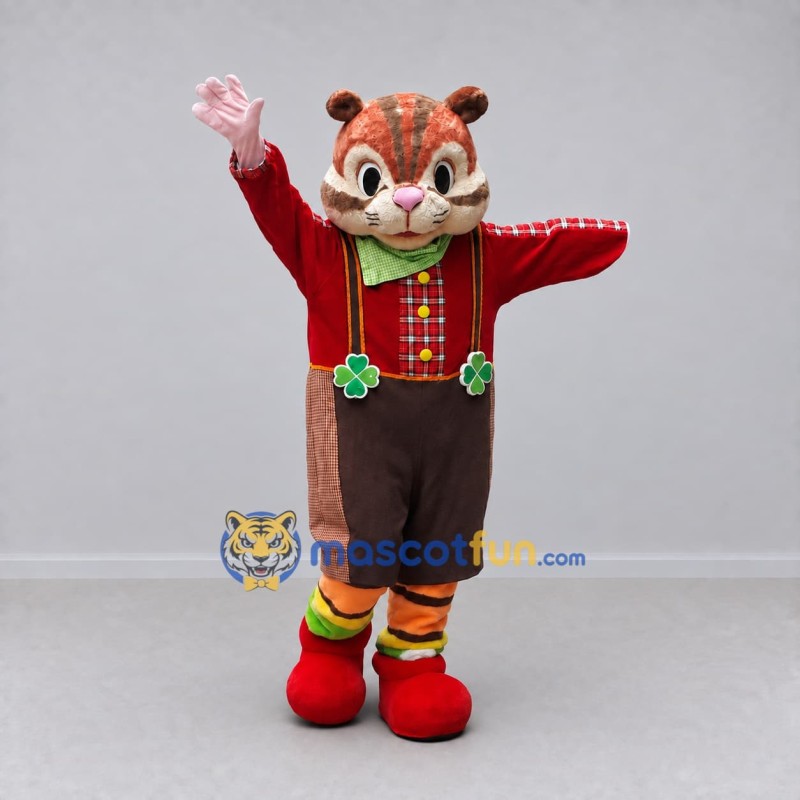 Custom Brown and Red Chipmunk in Suspenders Mascot Costume Adult Full Body Suit for School Events Custom Brown and Red Chipmunk in Suspenders Mascot Costume Adult Full Body Suit for School Events
