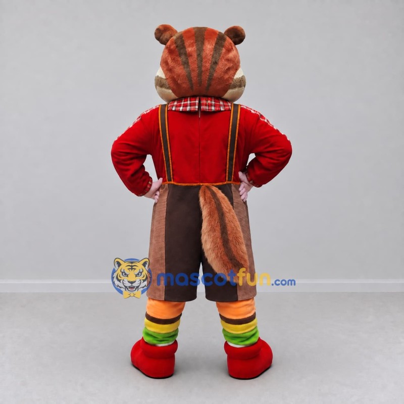 Custom Brown and Red Chipmunk in Suspenders Mascot Costume Adult Full Body Suit for School Events Custom Brown and Red Chipmunk in Suspenders Mascot Costume Adult Full Body Suit for School Events