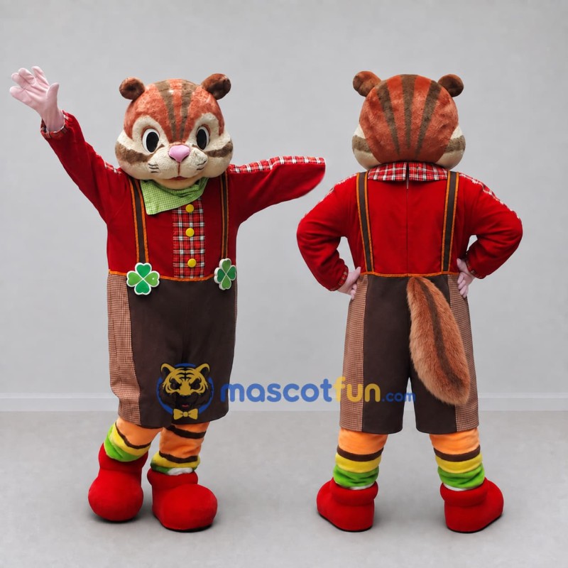 Custom Brown and Red Chipmunk in Suspenders Mascot Costume Adult Full Body Suit for School Events Custom Brown and Red Chipmunk in Suspenders Mascot Costume Adult Full Body Suit for School Events