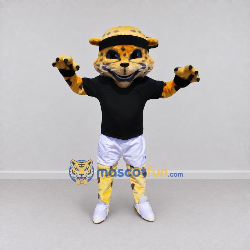 Custom Yellow and Black Leopard in Sportswear Mascot Costume Adult Full Body Suit for Sports Events Custom Yellow and Black Leopard in Sportswear Mascot Costume Adult Full Body Suit for Sports Events