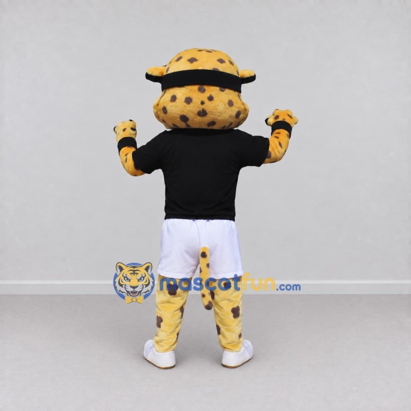 Custom Yellow and Black Leopard in Sportswear Mascot Costume Adult Full Body Suit for Sports Events Custom Yellow and Black Leopard in Sportswear Mascot Costume Adult Full Body Suit for Sports Events