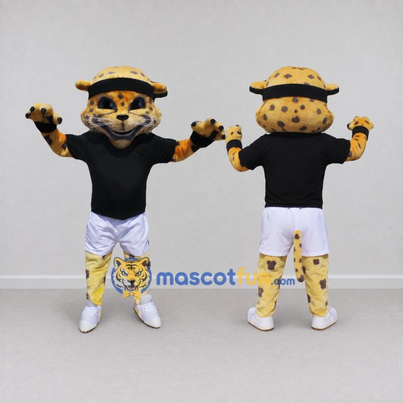 Custom Yellow and Black Leopard in Sportswear Mascot Costume Adult Full Body Suit for Sports Events Custom Yellow and Black Leopard in Sportswear Mascot Costume Adult Full Body Suit for Sports Events