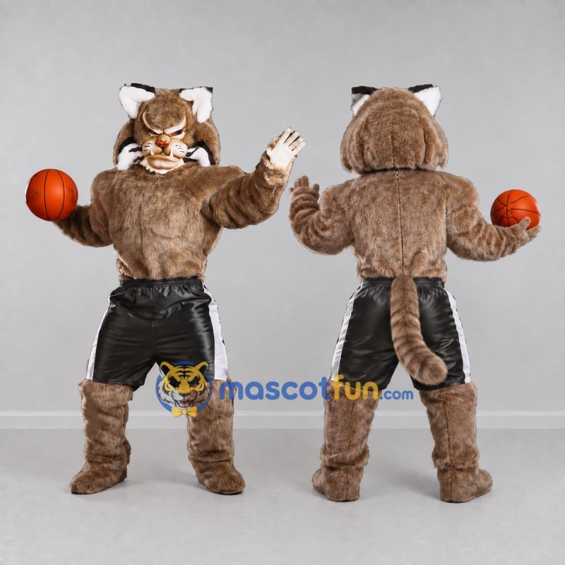 Custom Brown and Black Lynx in Basketball Shorts Mascot Costume Adult Full Body Suit for Sports Events Custom Brown and Black Lynx in Basketball Shorts Mascot Costume Adult Full Body Suit for Sports Events