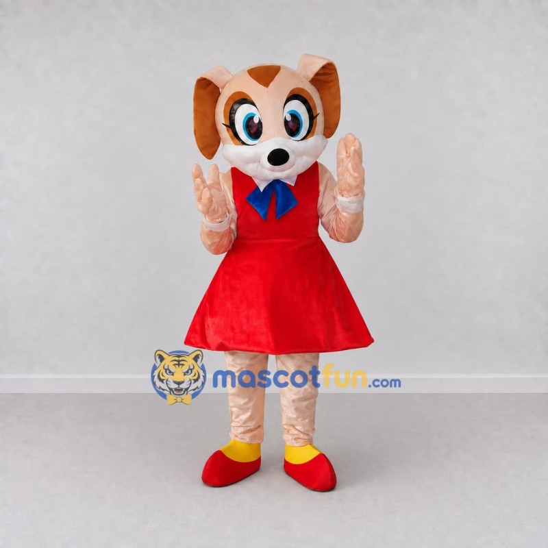Custom Tan and Red Dog in Dress Mascot Costume Adult Full Body Suit for School Events Custom Tan and Red Dog in Dress Mascot Costume Adult Full Body Suit for School Events
