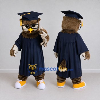 Custom Brown and Navy Blue Owl Graduate Mascot Costume Adult Full Body Suit for Graduation Events