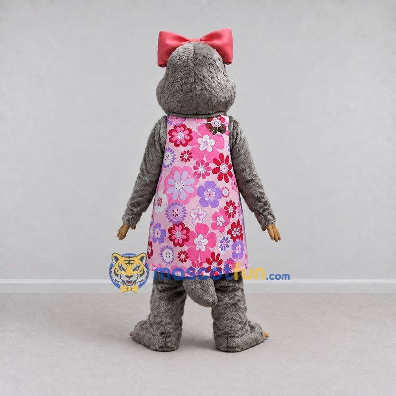 Custom Gray and Pink Rodent in Floral Dress Mascot Costume Adult Full Body Suit for School Events Custom Gray and Pink Rodent in Floral Dress Mascot Costume Adult Full Body Suit for School Events