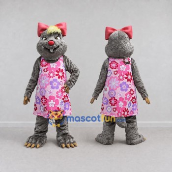 Custom Gray and Pink Rodent in Floral Dress Mascot Costume Adult Full Body Suit for School Events
