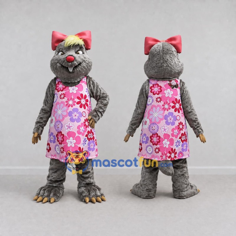 Custom Gray and Pink Rodent in Floral Dress Mascot Costume Adult Full Body Suit for School Events Custom Gray and Pink Rodent in Floral Dress Mascot Costume Adult Full Body Suit for School Events