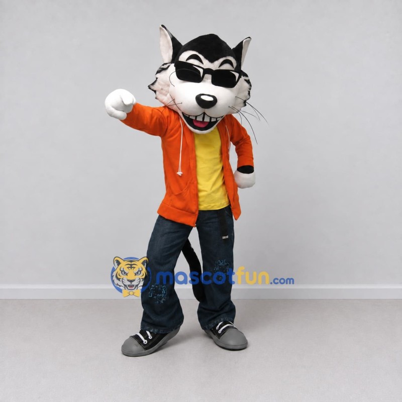 Custom Black White and Orange Wolf in Hoodie Mascot Costume Adult Full Body Suit for School Events Custom Black White and Orange Wolf in Hoodie Mascot Costume Adult Full Body Suit for School Events