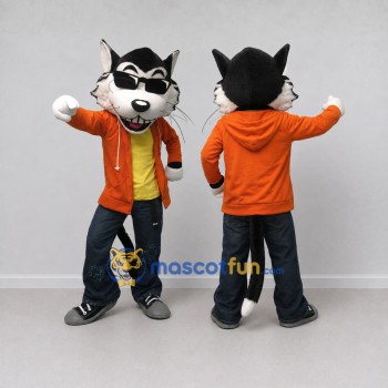 Custom Black White and Orange Wolf in Hoodie Mascot Costume Adult Full Body Suit for School Events
