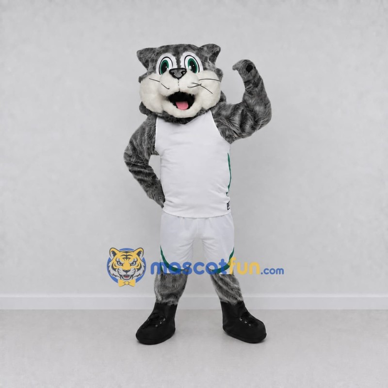 Custom Gray and White Cat in Sportswear Mascot Costume Adult Full Body Suit for Sports Events Custom Gray and White Cat in Sportswear Mascot Costume Adult Full Body Suit for Sports Events