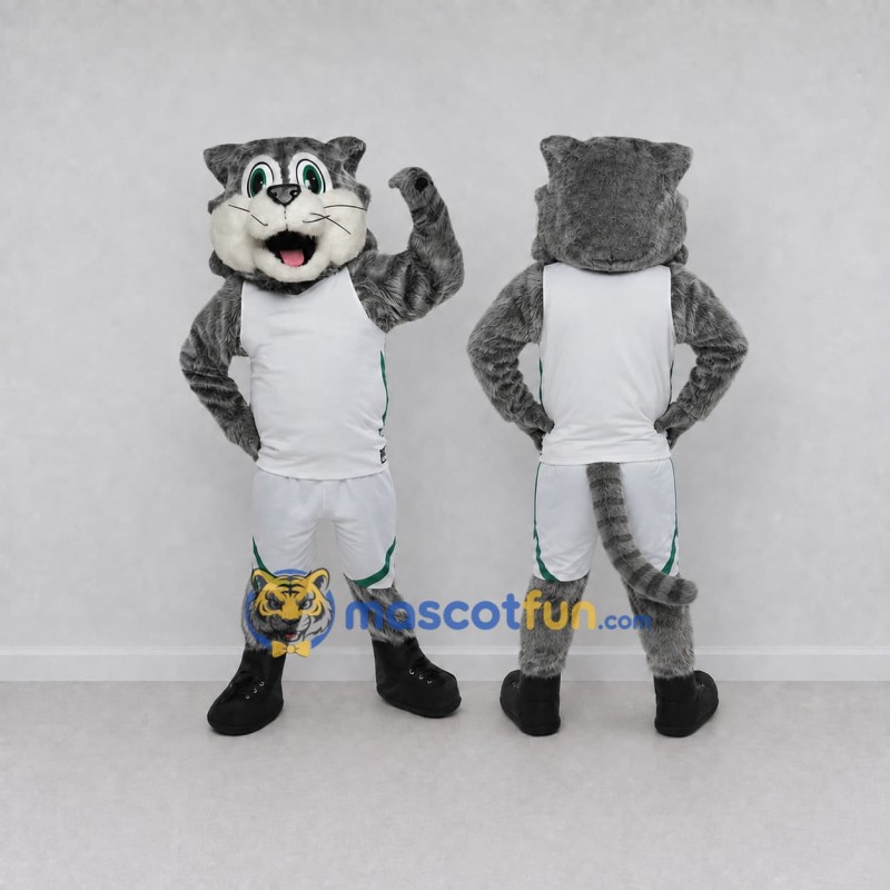 Custom Gray and White Cat in Sportswear Mascot Costume Adult Full Body Suit for Sports Events Custom Gray and White Cat in Sportswear Mascot Costume Adult Full Body Suit for Sports Events