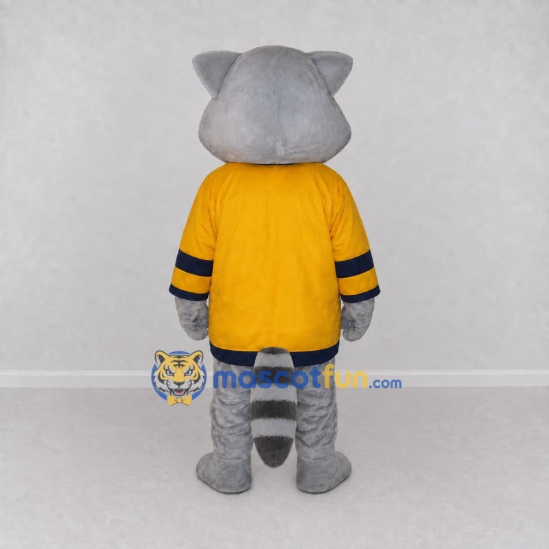 Custom Gray and Yellow Raccoon in Sportswear Mascot Costume Adult Full Body Suit for Sports Events Custom Gray and Yellow Raccoon in Sportswear Mascot Costume Adult Full Body Suit for Sports Events