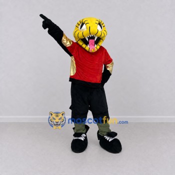 Custom Yellow Black and Red Tiger in Sportswear Mascot Costume Adult Full Body Suit for Sports Events Custom Yellow Black and Red Tiger in Sportswear Mascot Costume Adult Full Body Suit for Sports Events