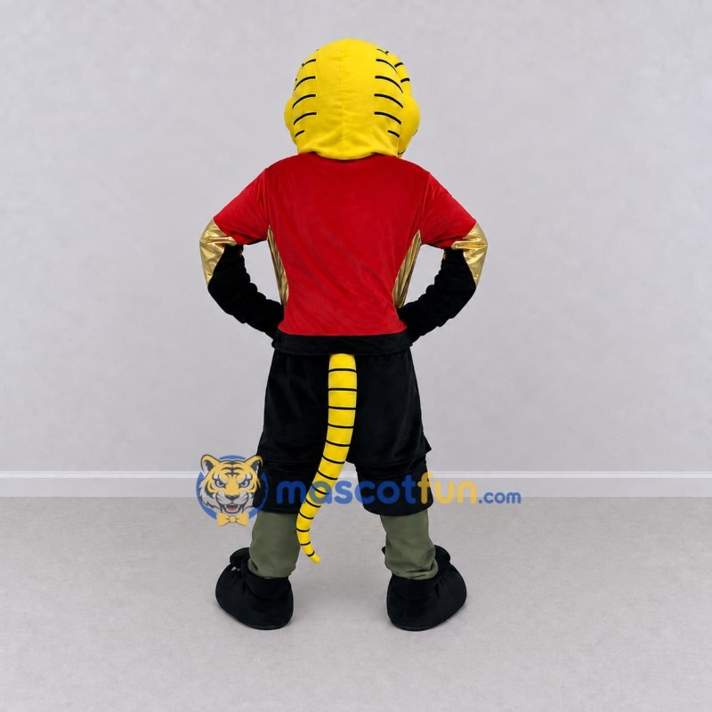 Custom Yellow Black and Red Tiger in Sportswear Mascot Costume Adult Full Body Suit for Sports Events Custom Yellow Black and Red Tiger in Sportswear Mascot Costume Adult Full Body Suit for Sports Events