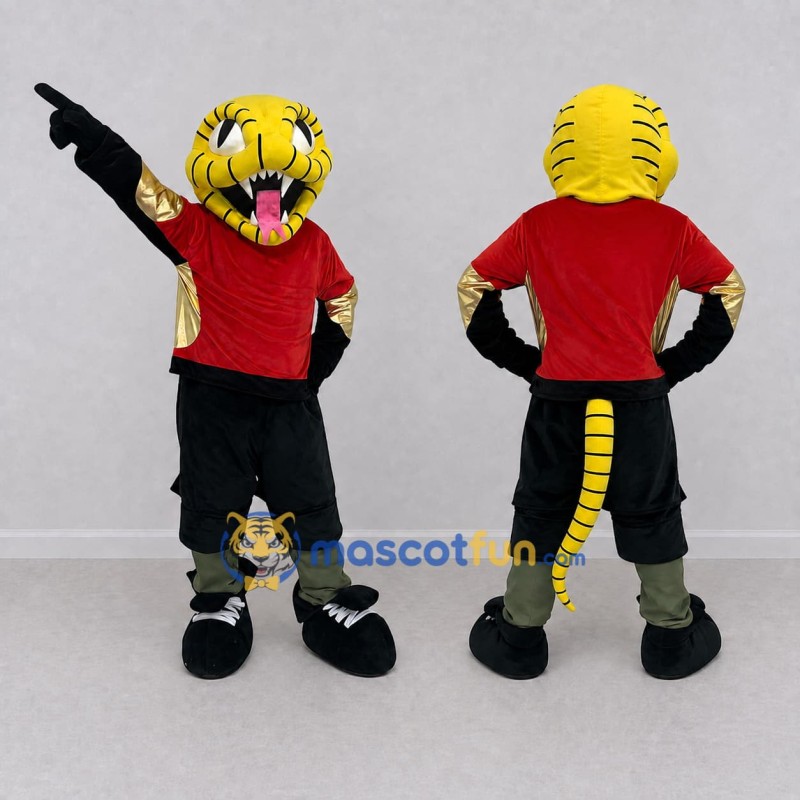 Custom Yellow Black and Red Tiger in Sportswear Mascot Costume Adult Full Body Suit for Sports Events Custom Yellow Black and Red Tiger in Sportswear Mascot Costume Adult Full Body Suit for Sports Events