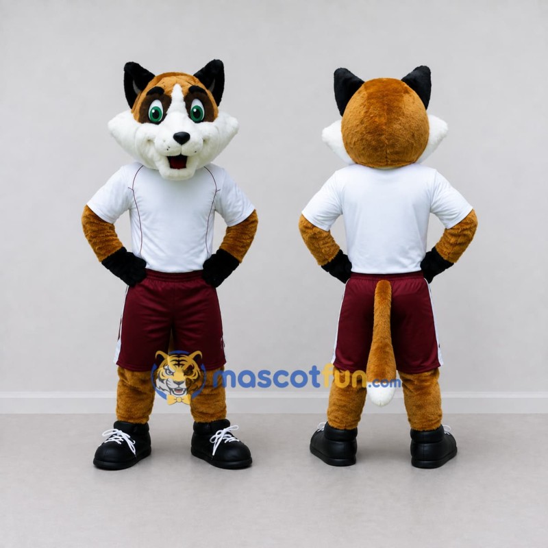 Custom Orange White and Maroon Cat in Sportswear Mascot Costume Adult Full Body Suit for Sports Events Custom Orange White and Maroon Cat in Sportswear Mascot Costume Adult Full Body Suit for Sports Events