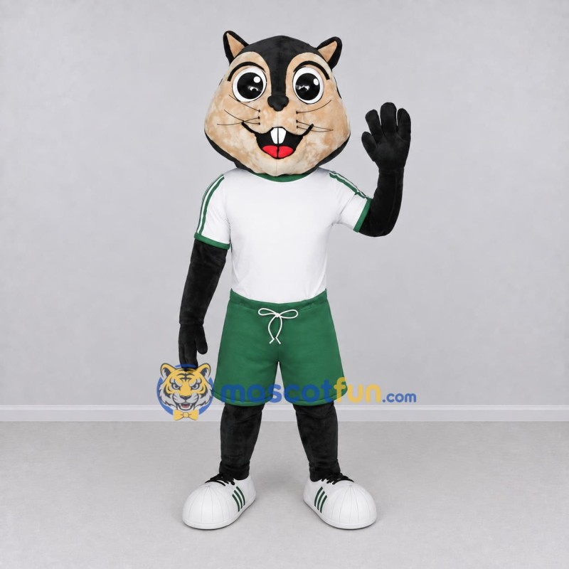 Custom Tan Black and Green Cat in Sportswear Mascot Costume Adult Full Body Suit for Sports Events Custom Tan Black and Green Cat in Sportswear Mascot Costume Adult Full Body Suit for Sports Events
