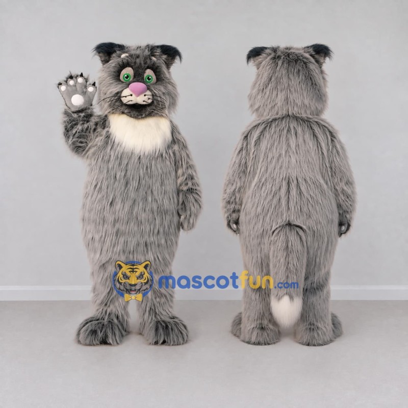Custom Gray and White Shaggy Cat Mascot Costume Adult Full Body Suit for School Events