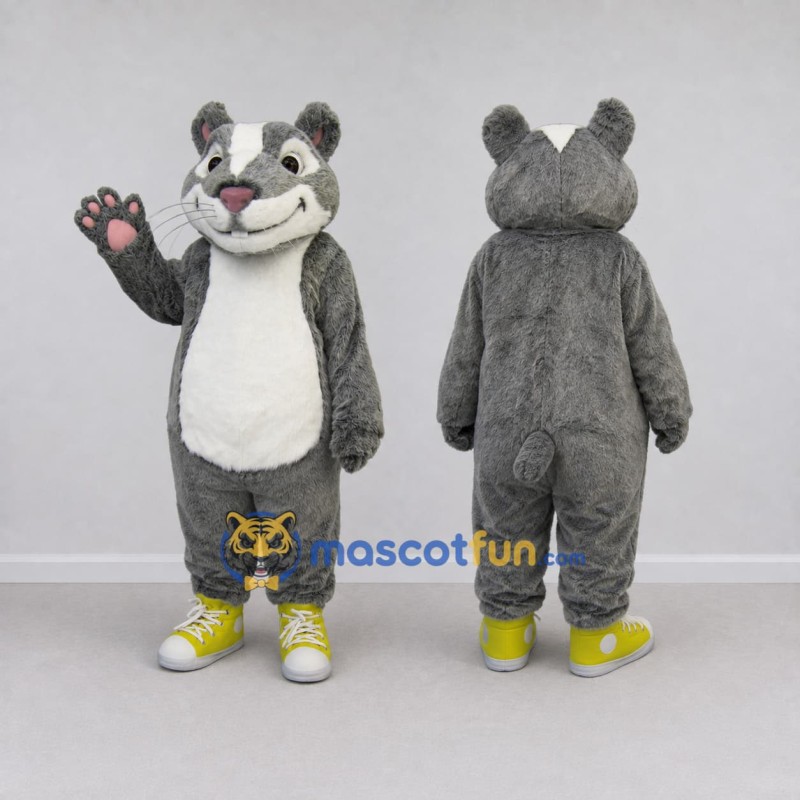 Custom Gray White and Yellow Rodent in Sneakers Mascot Costume Adult Full Body Suit for School Events Custom Gray White and Yellow Rodent in Sneakers Mascot Costume Adult Full Body Suit for School Events