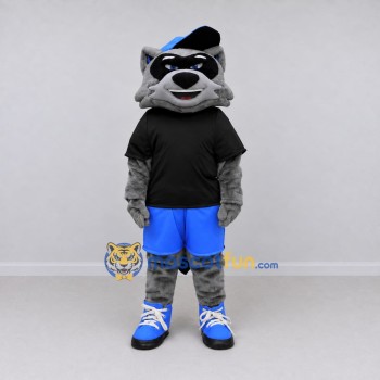 Custom Gray Black and Blue Raccoon in Sportswear Mascot Costume Adult Full Body Suit for Sports Events Custom Gray Black and Blue Raccoon in Sportswear Mascot Costume Adult Full Body Suit for Sports Events