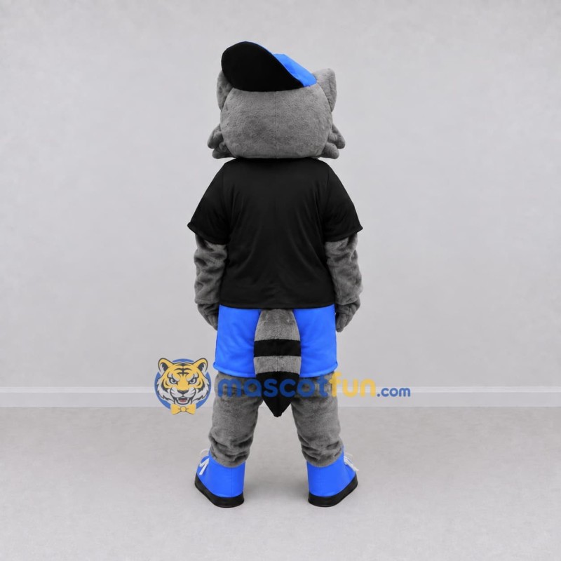 Custom Gray Black and Blue Raccoon in Sportswear Mascot Costume Adult Full Body Suit for Sports Events Custom Gray Black and Blue Raccoon in Sportswear Mascot Costume Adult Full Body Suit for Sports Events