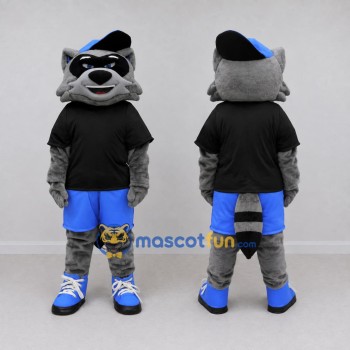 Custom Gray Black and Blue Raccoon in Sportswear Mascot Costume Adult Full Body Suit for Sports Events