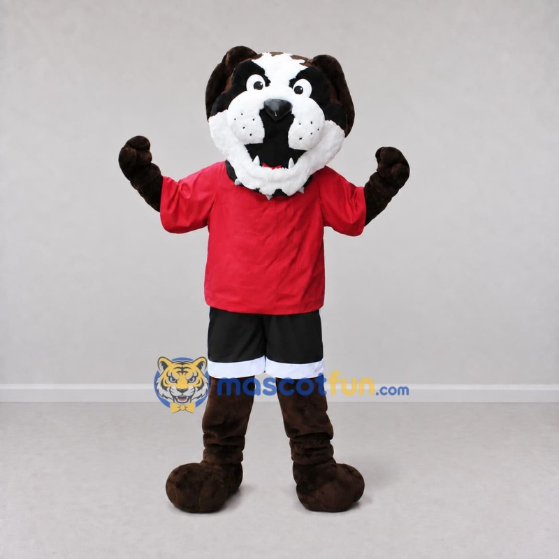 Custom Brown White and Red Bulldog in Sportswear Mascot Costume Adult Full Body Suit for Sports Events Custom Brown White and Red Bulldog in Sportswear Mascot Costume Adult Full Body Suit for Sports Events