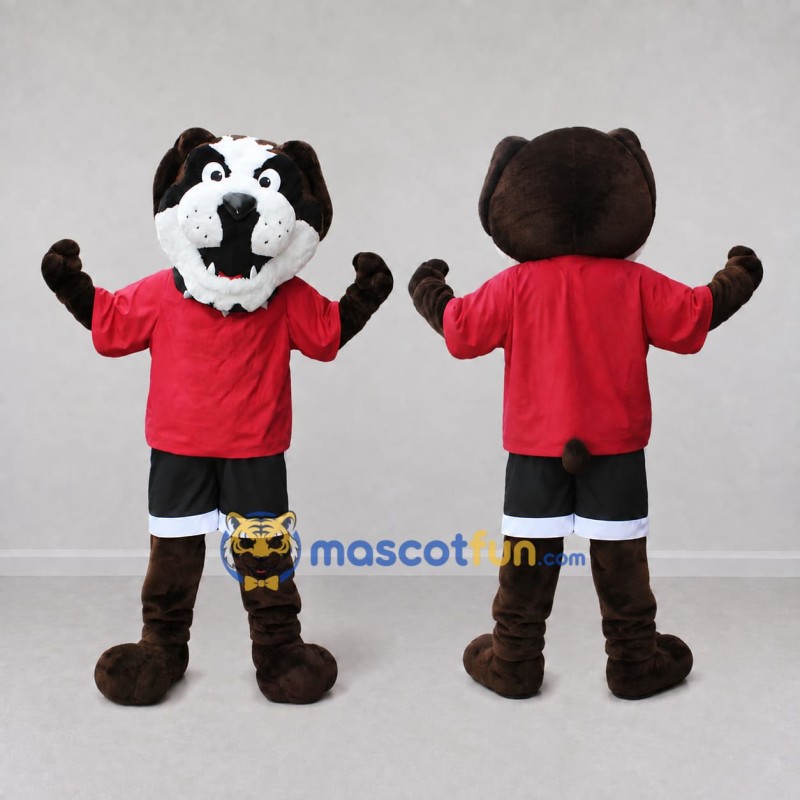Custom Brown White and Red Bulldog in Sportswear Mascot Costume Adult Full Body Suit for Sports Events Custom Brown White and Red Bulldog in Sportswear Mascot Costume Adult Full Body Suit for Sports Events