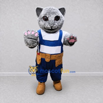 Custom Gray and Blue Cat in Work Overalls Mascot Costume Adult Full Body Suit for Community Events