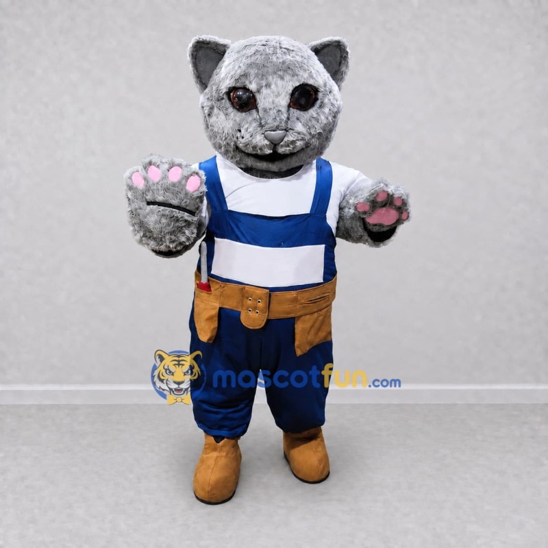 Custom Gray and Blue Cat in Work Overalls Mascot Costume Adult Full Body Suit for Community Events Custom Gray and Blue Cat in Work Overalls Mascot Costume Adult Full Body Suit for Community Events