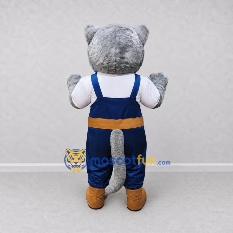 Custom Gray and Blue Cat in Work Overalls Mascot Costume Adult Full Body Suit for Community Events Custom Gray and Blue Cat in Work Overalls Mascot Costume Adult Full Body Suit for Community Events