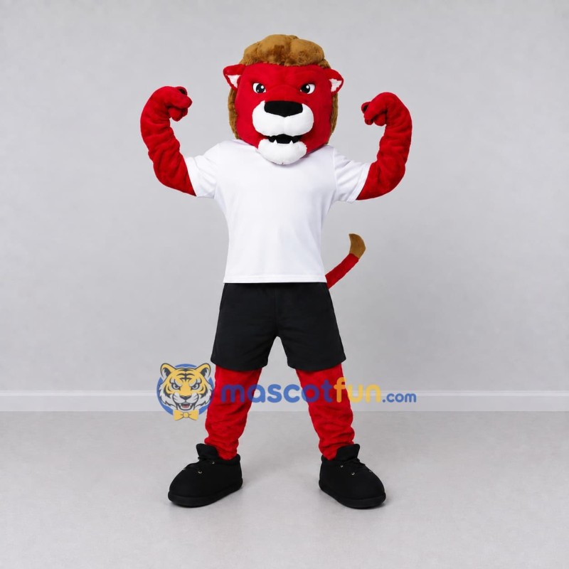 Custom Red White and Brown Lion in Sportswear Mascot Costume Adult Full Body Suit for Sports Events