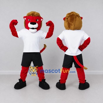 Custom Red White and Brown Lion in Sportswear Mascot Costume Adult Full Body Suit for Sports Events