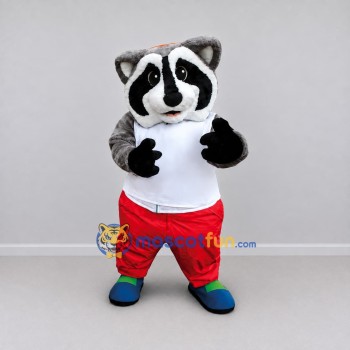 Custom Gray White and Red Raccoon in Sportswear Mascot Costume Adult Full Body Suit for Sports Events Custom Gray White and Red Raccoon in Sportswear Mascot Costume Adult Full Body Suit for Sports Events