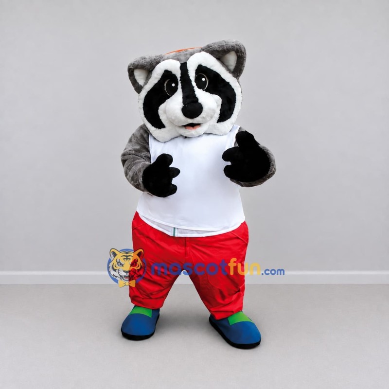 Custom Gray White and Red Raccoon in Sportswear Mascot Costume Adult Full Body Suit for Sports Events Custom Gray White and Red Raccoon in Sportswear Mascot Costume Adult Full Body Suit for Sports Events