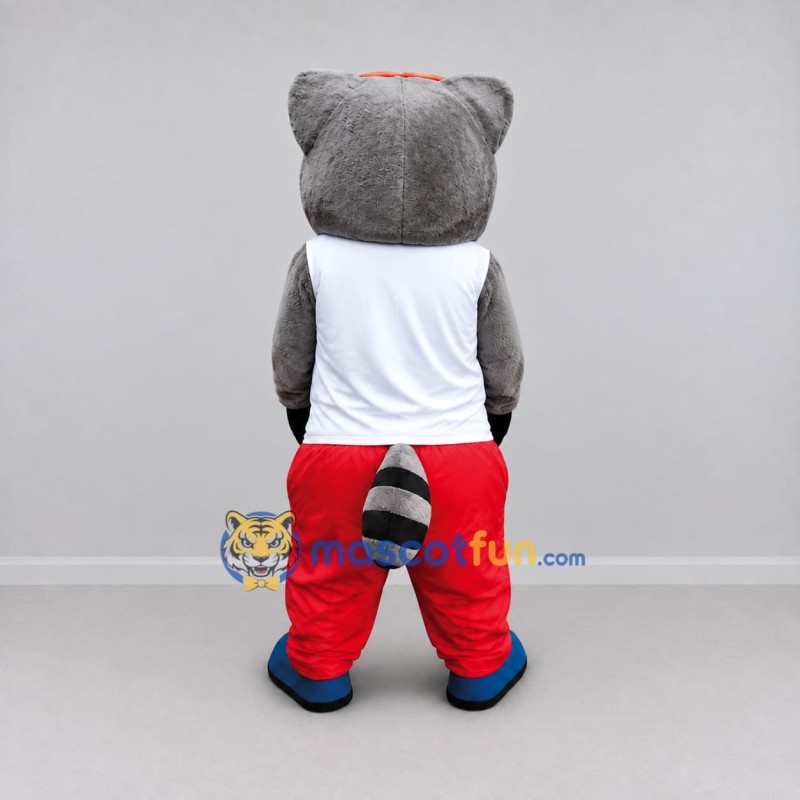 Custom Gray White and Red Raccoon in Sportswear Mascot Costume Adult Full Body Suit for Sports Events Custom Gray White and Red Raccoon in Sportswear Mascot Costume Adult Full Body Suit for Sports Events