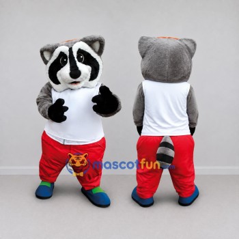 Custom Gray White and Red Raccoon in Sportswear Mascot Costume Adult Full Body Suit for Sports Events