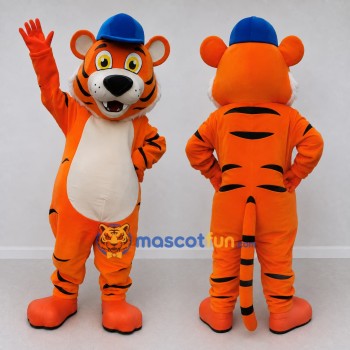 Custom Orange Black and Blue Tiger in Cap Mascot Costume Adult Full Body Suit for School Events