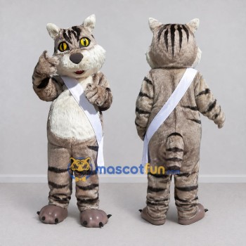 Custom Gray and White Tabby Cat with Sash Mascot Costume Adult Full Body Suit for School Events