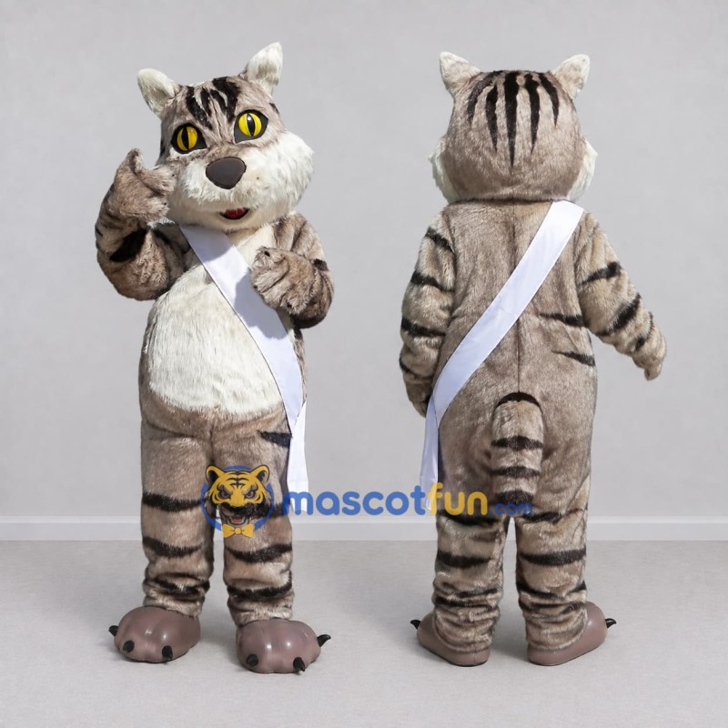 Custom Gray and White Tabby Cat with Sash Mascot Costume Adult Full Body Suit for School Events