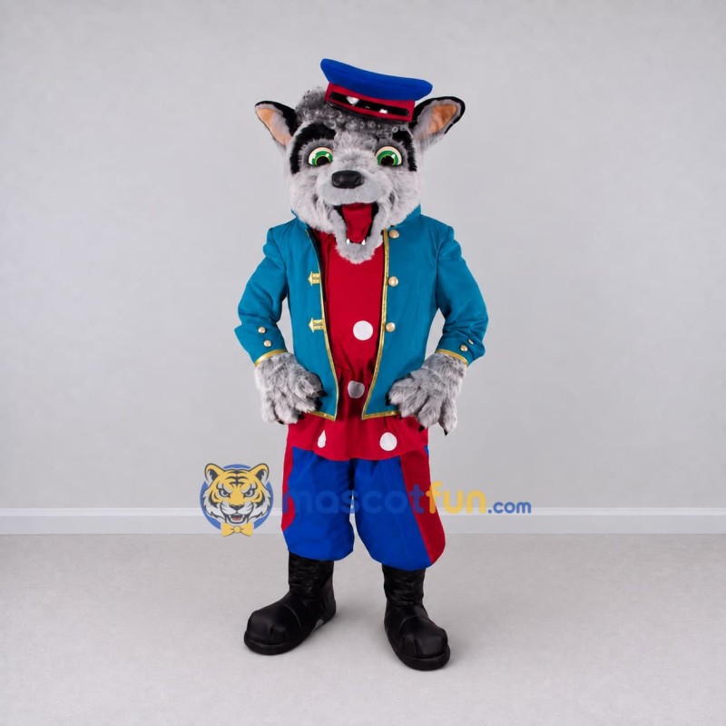 Custom Gray Blue and Red Wolf in Tailcoat Mascot Costume Adult Full Body Suit for Theme Parties Custom Gray Blue and Red Wolf in Tailcoat Mascot Costume Adult Full Body Suit for Theme Parties