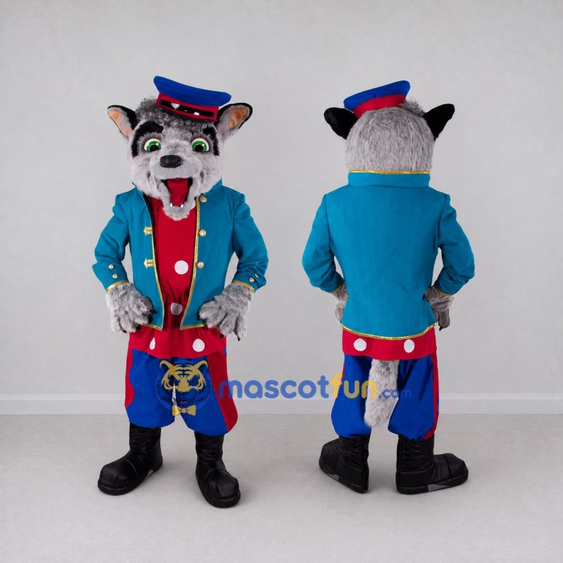 Custom Gray Blue and Red Wolf in Tailcoat Mascot Costume Adult Full Body Suit for Theme Parties Custom Gray Blue and Red Wolf in Tailcoat Mascot Costume Adult Full Body Suit for Theme Parties