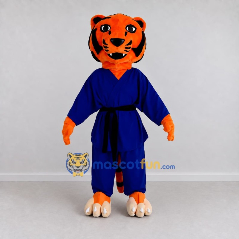 Custom Orange and Blue Tiger in Martial Arts Uniform Mascot Costume Adult Full Body Suit for Martial Arts Events Custom Orange and Blue Tiger in Martial Arts Uniform Mascot Costume Adult Full Body Suit for Martial Arts Events