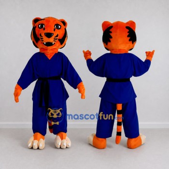 Custom Orange and Blue Tiger in Martial Arts Uniform Mascot Costume Adult Full Body Suit for Martial Arts Events